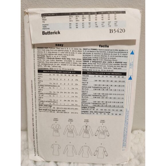 Butterick B5420 Sewing Pattern UNCUT Sizes 8–14 | Women’s Tunic Top - Picture 8 of 10